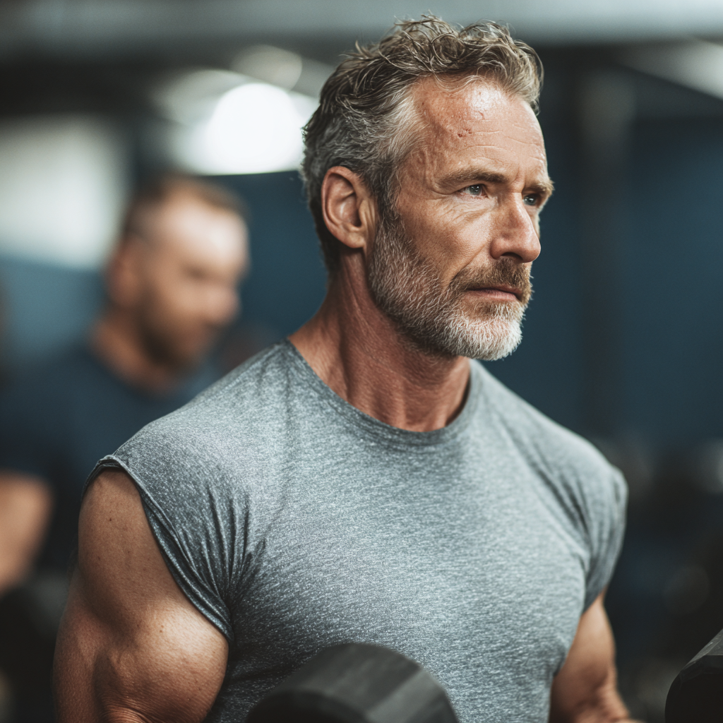 Middle-aged men focused on strength training and personal development